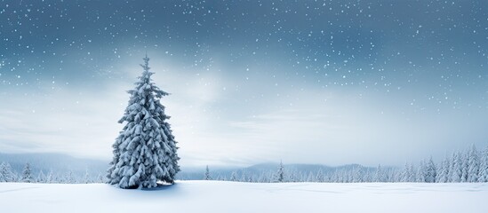 Poster - Winter sky provides a milky backdrop for a snow covered evergreen fir tree creating a captivating copy space image