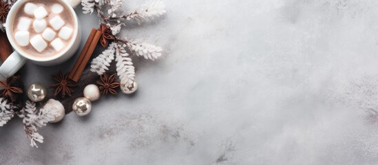 Aufkleber - A cozy winter themed cup filled with hot cocoa or chocolate adorned with marshmallows and cinnamon placed on a grey background The image is taken from a top down view leaving ample space for addition