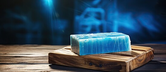 Poster - Handcrafted soap displayed on a rustic blue wooden table creating a visually appealing copy space image