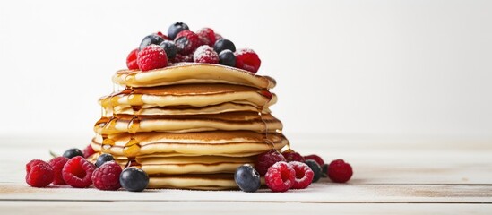Poster - Top view of a stack of pancakes displayed on a white wooden table creating a visually appealing copy space image