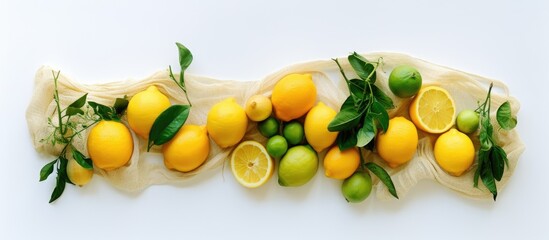 Poster - Flat lay copy space image showcasing the zero waste concept with a variety of eco friendly bags including string mesh and grocery bags A lemon sits on a white background adding a fresh touch Top view