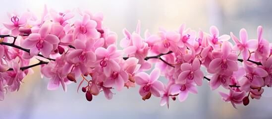 Poster - A stunning pink Rhynchostylis gigantea orchid with a backdrop of a tree creating an image with copy space