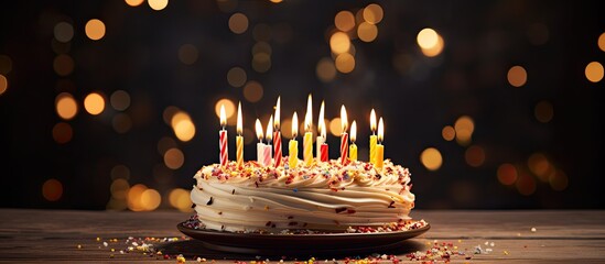 Aufkleber - A deliciously decorated cake with candles ready to celebrate a special occasion such as a birthday with space for copy or text in the image. Creative banner. Copyspace image