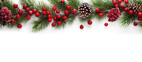 Poster - A festive Christmas fir tree adorned with spruce branches red ornaments and red barberry berries The top view showcases the white background providing ample copy space for a Christmas or New Year bac