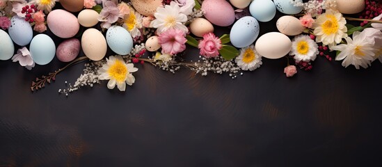 Leinwandbilder - A top down view of a decorative Easter background with pastel hand painted eggs spring flowers and empty space for text. Creative banner. Copyspace image