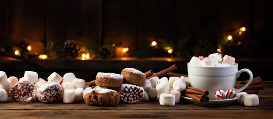 Aufkleber - An appetizing copy space image of festive Christmas treats including chocolate in a mug adorned with marshmallows and gingerbread showcased on a rustic wooden table