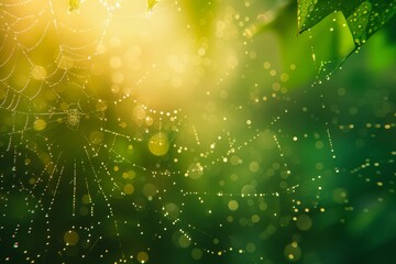 A spider web is shown in a bright green forest