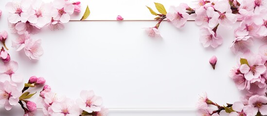 Poster - A flat top view of a box isolated on a white background showcasing a beautiful frame consisting of pink and white almond blossoms with spring blooming branches The image offers ample copy space