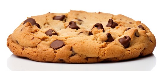 Poster - A close up copy space image of a delicious chocolate chip cookie isolated on a white background tempting the taste buds of breakfast lovers