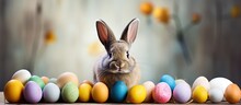 A Festive Easter Themed Greeting Card With An Adorable Bunny Colorful Eggs And Space For Adding Your Own Text Or Images. Creative Banner. Copyspace Image