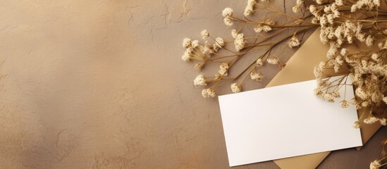 Fototapete - A top down view of a greeting card mockup placed on a beige background accompanied by an envelope dried gypsophila flowers twigs and ample copy space for text placement