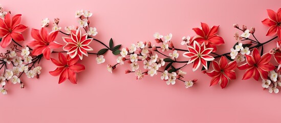 Poster - A floral arrangement with red Flam boyant flowers on a pink backdrop creating a pattern The image has copy space and represents the concepts of Easter spring and summer The view is from above in a fl