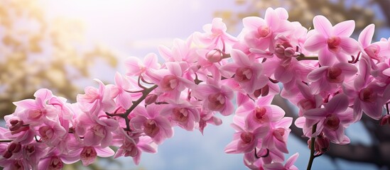 Poster - A stunning pink Rhynchostylis gigantea orchid with a backdrop of a tree creating an image with copy space