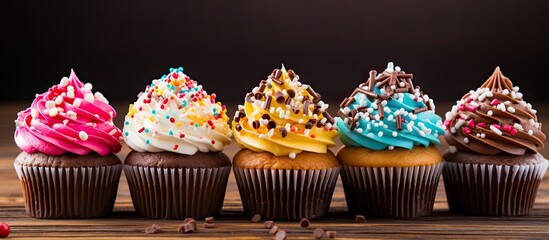 Canvas Print - Decorated with chocolate icing and colorful chocolate candies these vanilla cupcakes make for an enticing copy space image