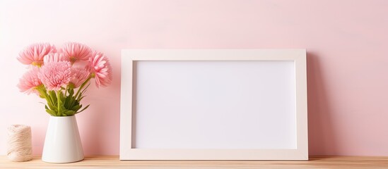 Leinwandbilder - A copy space image of a photo frame with pink flowers on a wooden shelf