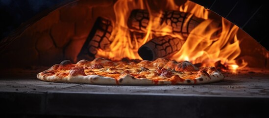 Poster - A copy space image of a pizza being cooked in a traditional and rustic wood fired oven