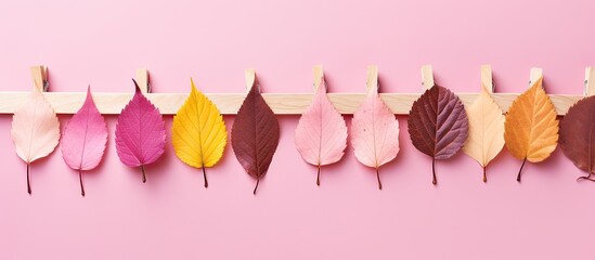 Aufkleber - Colorful autumn leaves on wooden pegs arranged on a pink pastel background creating a top down view It represents the minimalistic theme of fall Thanksgiving or Halloween and offers copy space for cu
