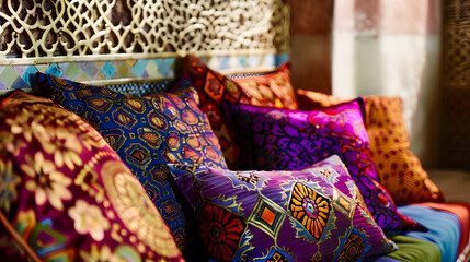 Wall Mural - Morocco interior style Colorful asian pillows on the couch near wall with pattern Middle east arch interior Arabic style Morocco design room : Generative AI