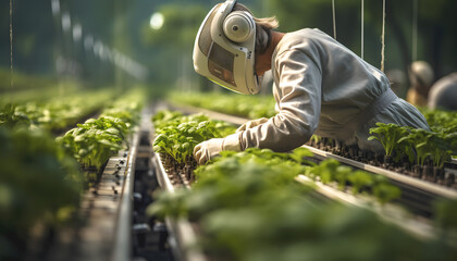 Wall Mural - researcher or scientist experiment in growing plants system. production control by artificial intell