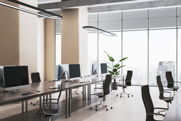 Wall Mural - New wooden and concrete coworking office interior with panoramic window and city view, furniture and decorative plants, blinds. 3D Rendering.