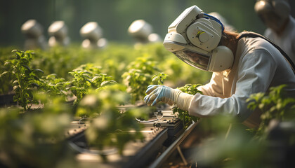 Wall Mural - researcher or scientist experiment in growing plants system. production control by artificial intell
