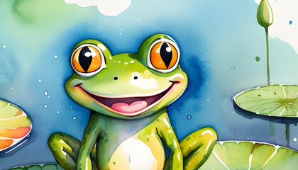 Wall Mural - Hand drawn cartoon frog watercolor illustration
