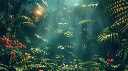 Wall Mural - A night time scene of a lush tropical rainforest with ferns, palm leaves and flowers with a disco ball. Generative AI.