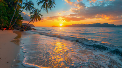 Tropical beach sunset with palm trees and ocean waves