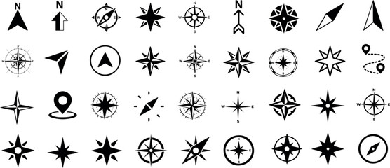 compass icon collection, compass vector illustrations for map, travel, cartography, adventure themes