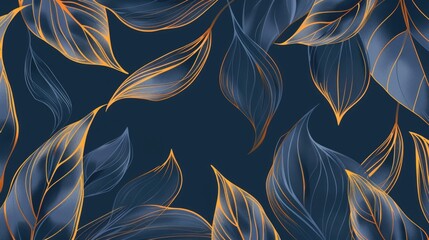 Wall Mural - Golden and blue leaves pattern on a dark blue background.