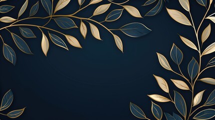 Wall Mural - Golden and blue leaves pattern on a dark blue background.