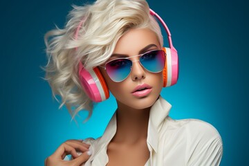 Wall Mural - A vibrant image of a cheerful young woman with flowing curly hair, enjoying music through bright orange headphones, against a striking background.