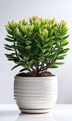 Poster - indoor gardening and house plants, crassula succulent plant in white pot indoor on shelf surrounded by white walls