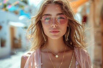 Wall Mural - Young woman with sunglasses in a summer outfit on a sunny day in a street setting