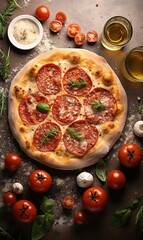 Wall Mural - Italian food background. Pasta, tomato sauce, fresh tomatoes, parmesan, herbs and spices at white kitchen table. 