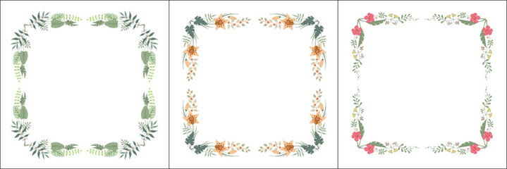 Set of three vegetal vector frames with tropical leaves and flowers. Vector frame for all sizes and formats. Isolated vector illustration.