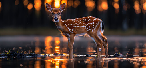 Deer is standing in an imaginary dark and moody river in the forest High quality photo