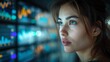 © Tessa - Innovative young woman engrossed in contemplation while analyzing data screens in a cutting-edge technological environment. Exploring trading strategies amidst the digital landscape of modern finance.