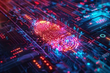 A biometric fingerprint scanner, distorted with glitches, the fingerprint pattern corrupted and pixelated