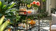 © Emiliia - A patio setting featuring a bar cart filled with a variety of drinks ready for entertaining guests in an outdoor space.