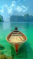 Wall Mural - long tail boat sailing in the tropical area Koh Phi Phi. Beautiful summer vacation destination. Travel,Holiday concept. Boat on blue clear lagoon Thailand . Beautiful view 4k video Vertical