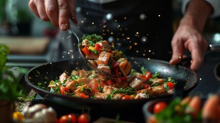 Wall Mural - chef preparing a dish of grilled vegetables and lean protein