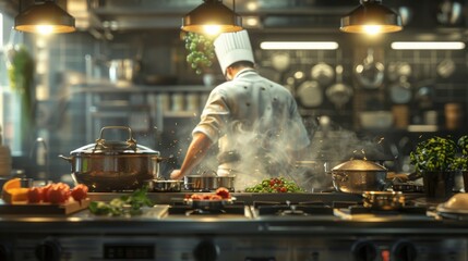 Wall Mural - a chef making a low-carb, high-protein dish in a kitchen