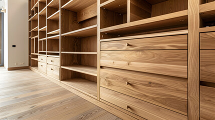Aufkleber - Beautiful custom made oak bookcase with display cabinet drawers drawers and shelves in an apartment with wooden flooring : Generative AI