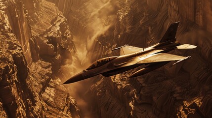Wall Mural - F-16 engaged in a low-altitude chase through a narrow canyon, sunlight glinting off its metallic body