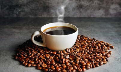 Wall Mural - Coffee cup and coffee beans on  gray background, Black coffee cup aromatic