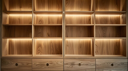 Aufkleber - Beautiful custom made oak bookcase with display cabinet drawers drawers and shelves in an apartment with wooden flooring : Generative AI