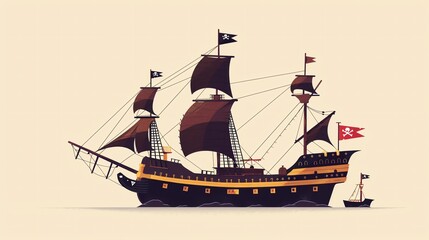 Pirate ship flat design, side view, ship theme, water color, Triadic Color Scheme