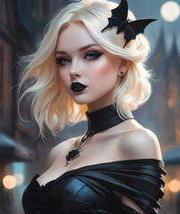 Wall Mural - Portrait of a stylized blonde woman with dramatic makeup, clothing and cleavage.
