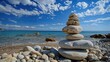 © RocknRoller Studios - Travel Background with Warm Blue Summer Skies and Natural Stone Landscape. Balanced Pebbles.